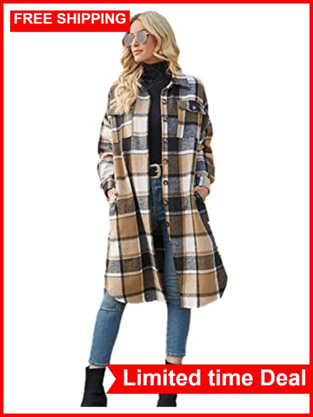 PUWEI Women's Oversized Plaid Shacket Button Down Long Coat Polyester